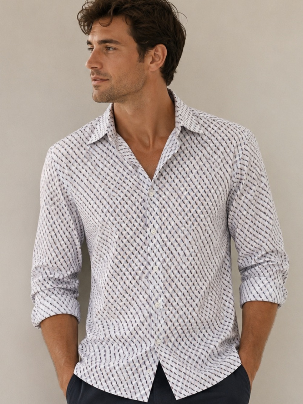 Express White Shirt with Navy Geometric Pattern